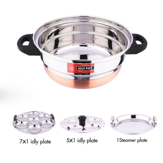 Eurostyle Royal 12 Copper Bottom Idly Cookware, 2 Idly Plates (12 idly) & 1 Steamer Plate, 5 L Capacity With 3 Years Warranty (Stainless Steel,EUS_Royal_12_CB)