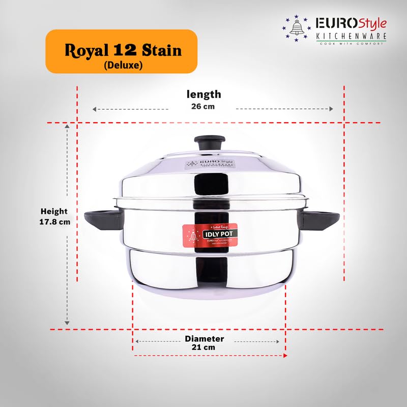 Eurostyle Royal 12 Stainless Steel Idly Cookware, 2 Idly Plates (12 idly) & 1 Steamer Plate, 5 L Capacity With 3Years Warranty (Stainless Steel,EUS_Royal_12_S)