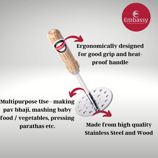 Embassy Stainless Steel Vegetable/Potato/Pav Bhaji Masher with Wooden Handle, Pack of 1,