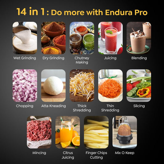 Prestige Endura Pro 1000W Multi Functional Mixer Grinder With Ball Bearing Technology|6 Jars With Food Processing Attachments |14 Different Functionalities|Black & Silver - 1000 Watts