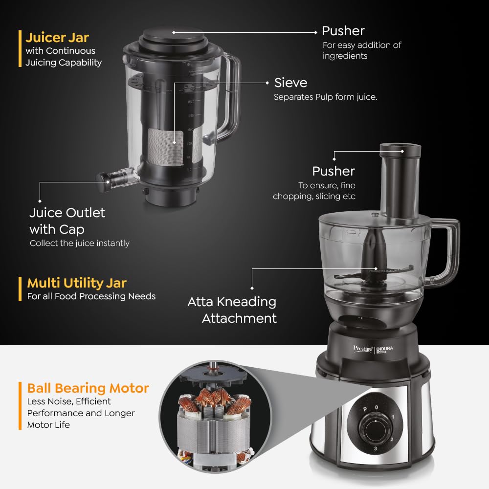 Prestige Endura Pro 1000W Multi Functional Mixer Grinder With Ball Bearing Technology|6 Jars With Food Processing Attachments |14 Different Functionalities|Black & Silver - 1000 Watts