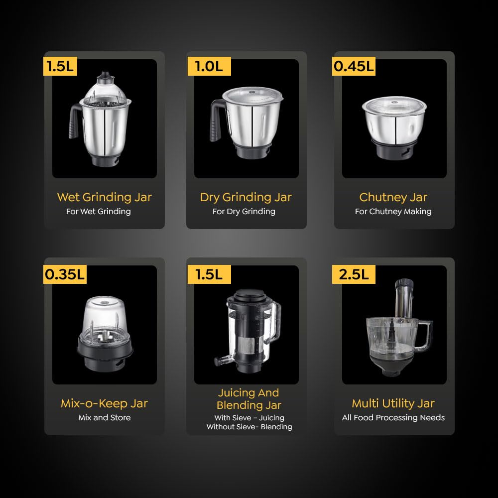 Prestige Endura Pro 1000W Multi Functional Mixer Grinder With Ball Bearing Technology|6 Jars With Food Processing Attachments |14 Different Functionalities|Black & Silver - 1000 Watts