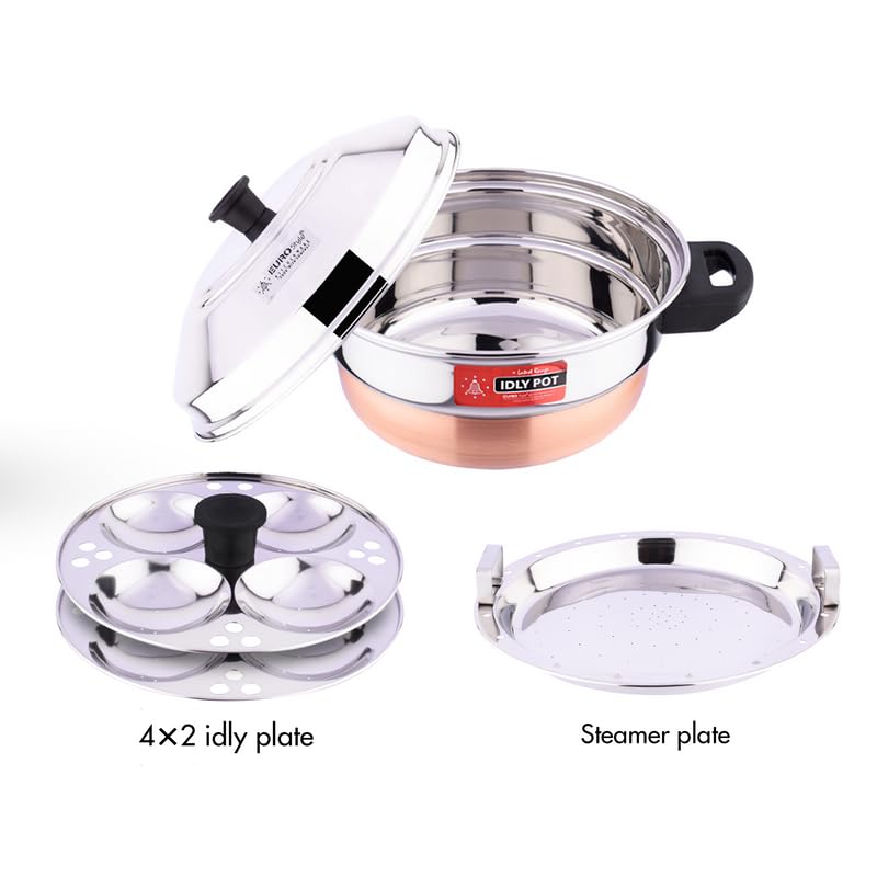 urostyle Royal Deluxe 8 Copper Bottom Idly Cookware, 2 Idly Plates (8 idlis) & 1 Steamer Plate, 2 L capacity With 3 Years Warranty (Stainless Steel,EUS_Royal_8_CB)