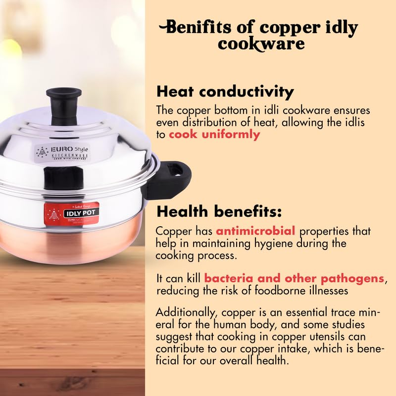 urostyle Royal Deluxe 8 Copper Bottom Idly Cookware, 2 Idly Plates (8 idlis) & 1 Steamer Plate, 2 L capacity With 3 Years Warranty (Stainless Steel,EUS_Royal_8_CB)