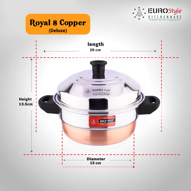 urostyle Royal Deluxe 8 Copper Bottom Idly Cookware, 2 Idly Plates (8 idlis) & 1 Steamer Plate, 2 L capacity With 3 Years Warranty (Stainless Steel,EUS_Royal_8_CB)