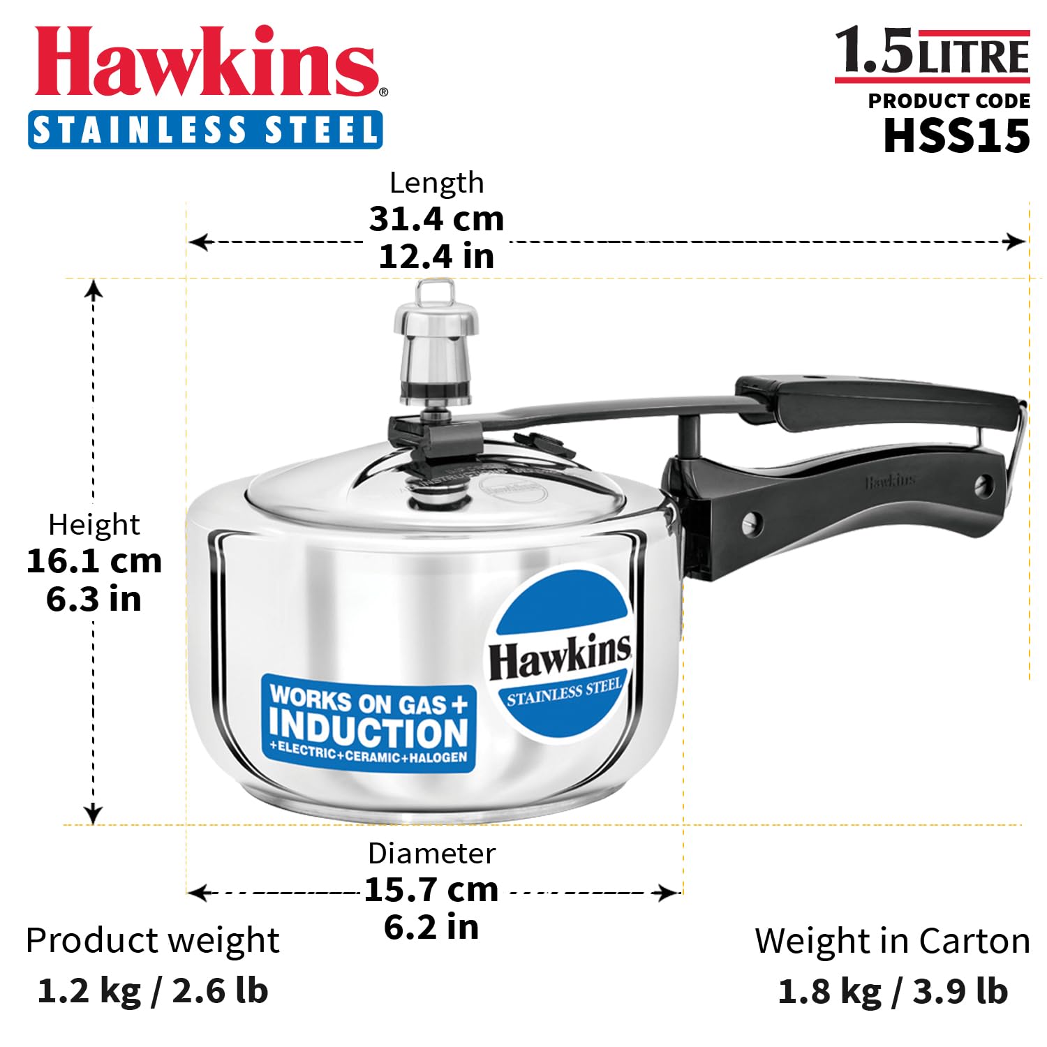 Hawkins Litre Pressure Cooker, Stainless Steel Inner Lid