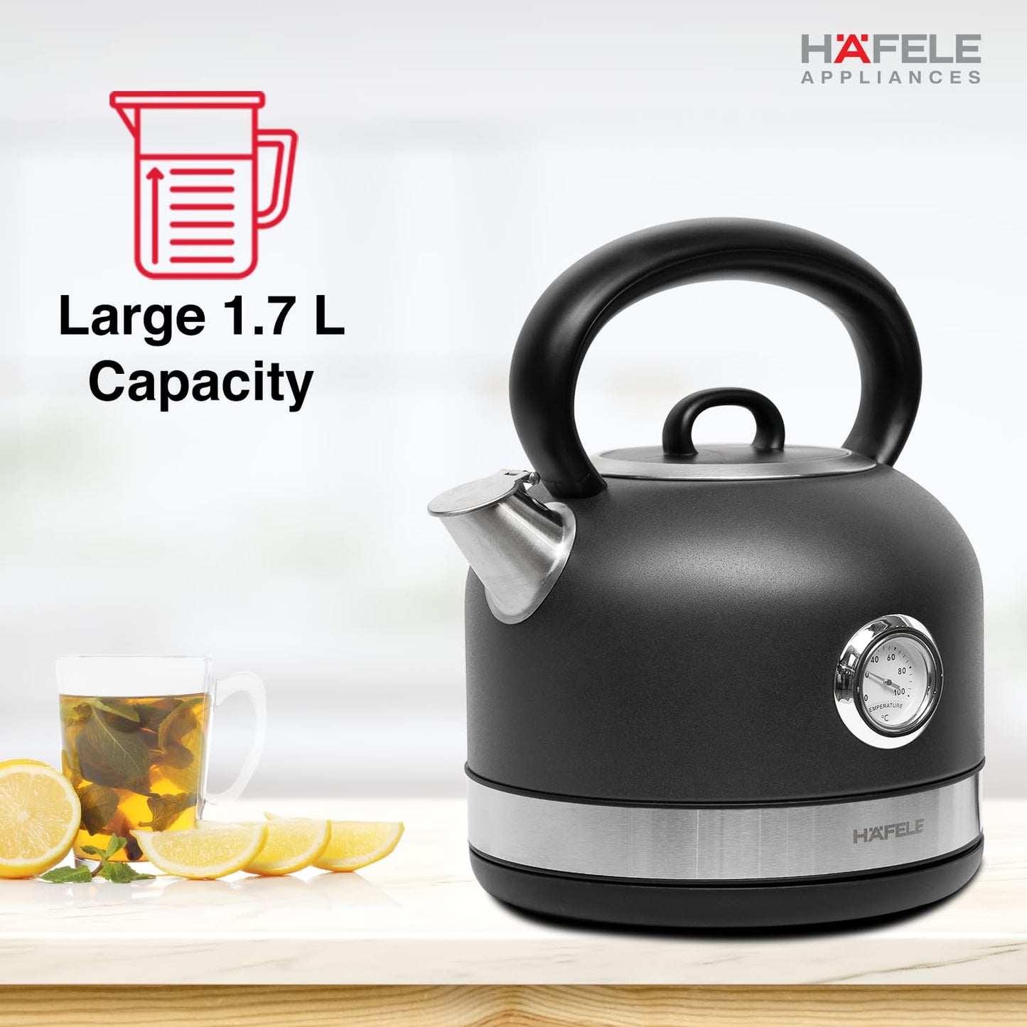 Hafele Dome Plus 2200W, 240V Electric Stainless Steel Kettle with Spout Cover with Analogue Temperature Display, Detachable Micro-Mesh Filter for Lime Scale Filtering, Easy Cleaning (1.7 L, Red)