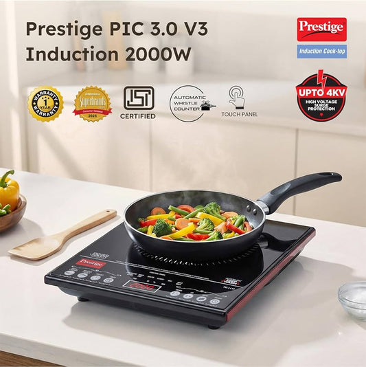Prestige PIC 3.1 V3 2000 Watts Induction Cooktop | Patented Automatic Whistle Counter | 4KV Surge Protection | 7 Preset Indian Menu Options With Timer | Touch Button | Black | 1Y Warranty | BIS