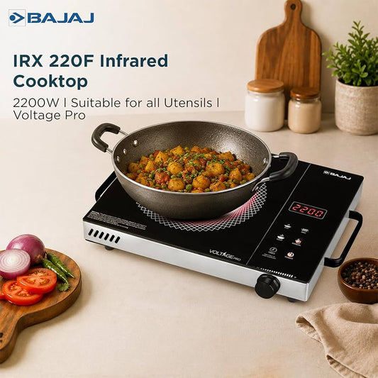 Bajaj IRX 220F Infrared Induction Cooktop | 2200 Watts | 11 Power Level | 3 Preset Menu | Feather Touch Controls | Digital display | 1 Year Warranty 【Black/Silver】