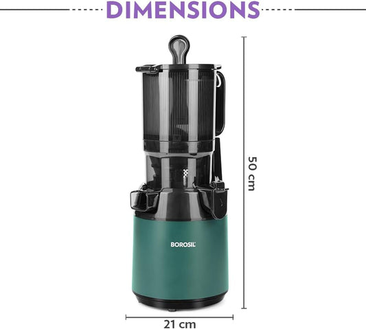 Borosil Vita Rich Cold Press Juicer | 250 Watts, 1.5 L Wide Mouth Hopper, 1 L Jug & Pulp Collector with Anti Drip Tap | Reverse Function for Pulp Cleaner, Auto Cut-Off for Safety | 2 Years Warranty