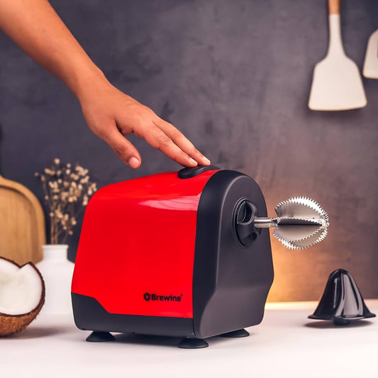 Brewine 2-in-1 Coconut Scraper & Citrus Juicer with Dual Speed Settings, Cooling Fan for Ventilation, Stainless Steel Scraping Blade, Splash Guard, Super Suction Feet for Stability, Red, 200 Watts