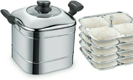 JVL SIM-GIP Stainless Steel Square Shape Designer 5 Plates Idly Maker with Glass Lid