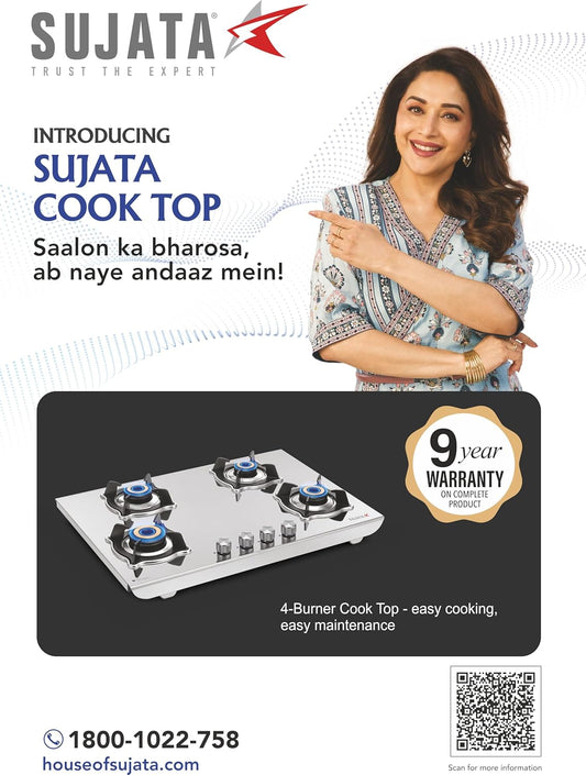 Sujata Robusto Gas Stove 4 Burners Steel Body | 9 Years Warranty, ISI Certified | 4 Burner Stove, Stainless Steel, Jumbo Brass Burner, SABAF, LPG Ready & PNG Compatible (Steel Finish)