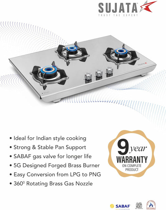 Sujata Robusto Gas Stove 3 Burners Steel | 9 Years Warranty, ISI Certified | 3 Burner Gas Stove Stainless Steel, Jumbo Brass Burner, LPG Ready & PNG Compatible (Steel Finish) Manual