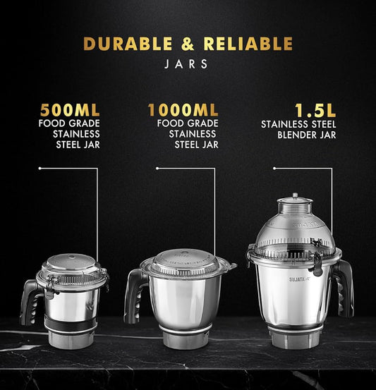 Sujata MG02 Mixer Grinder|1000 Watts Double Ball Bearing Motor|24000 RPM|Non-Stop 90 Mins Running|3 Food Grade Steel Jars including 1500ml Multipurpose, 1000ml Grinder, 500ml Chutney Jar| (Black)