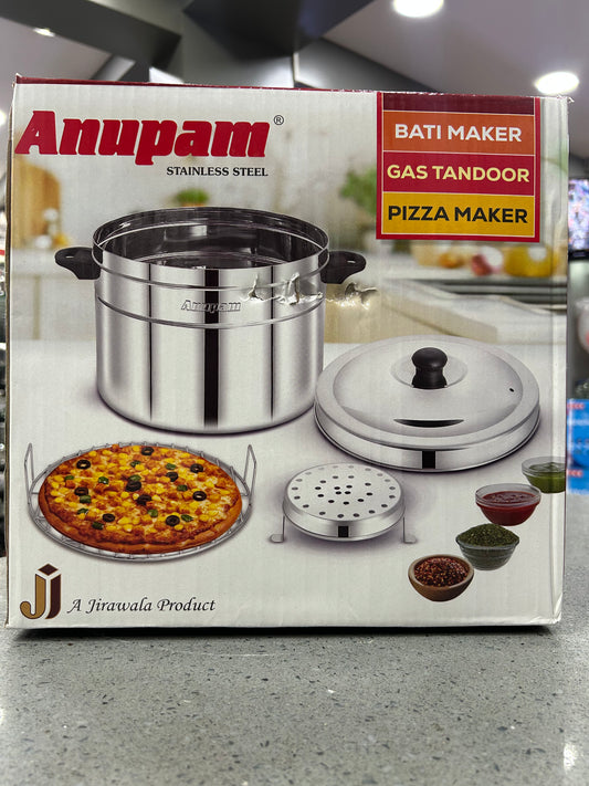Anupam Stainless Steel Multipurpose Gas Tandoor Oven | Big Bati Maker 12 inch Dimension Pizza Maker & Roti Cooker | Barbecue Grill Food Steamer Cookware Set for Home Kitchen With Grill Plate & Lid