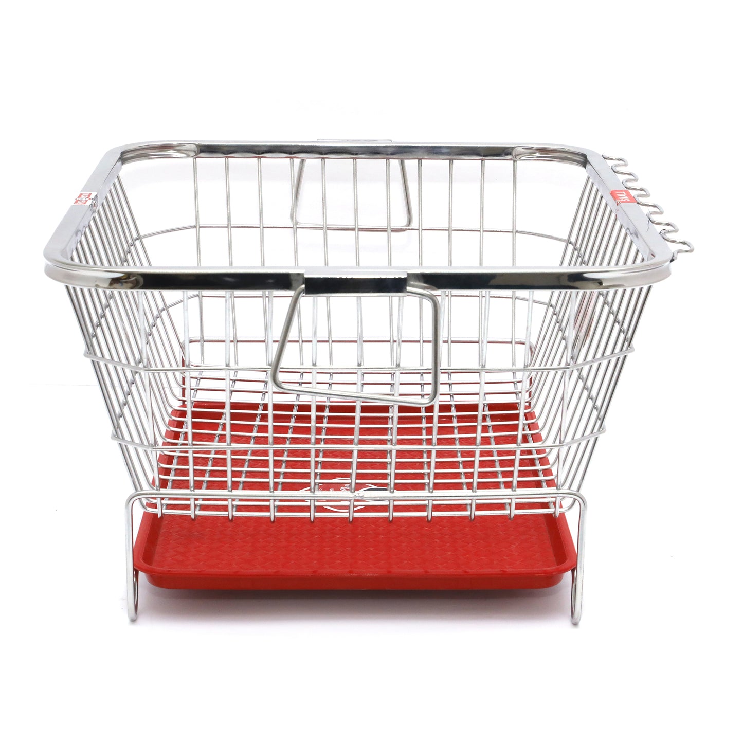 Durochef Kitchen Dish Drying Rack, Chrome Wire Basket with Red Drainboard and Black Utensil Holder
