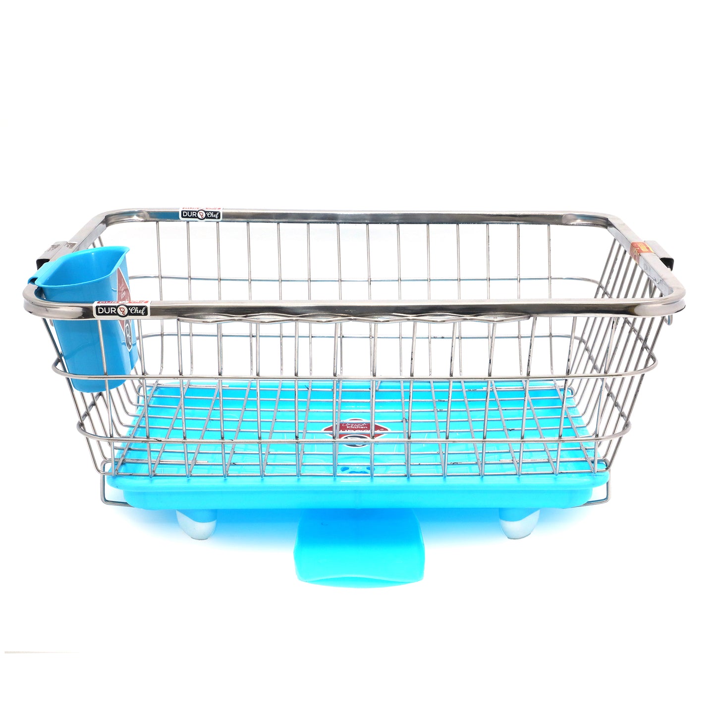Durochef Smart Sink Stainless Steel Dish Drying Rack with Drainboard, Wire Basket Design, Blue Tray, Kitchen Counter Organiser