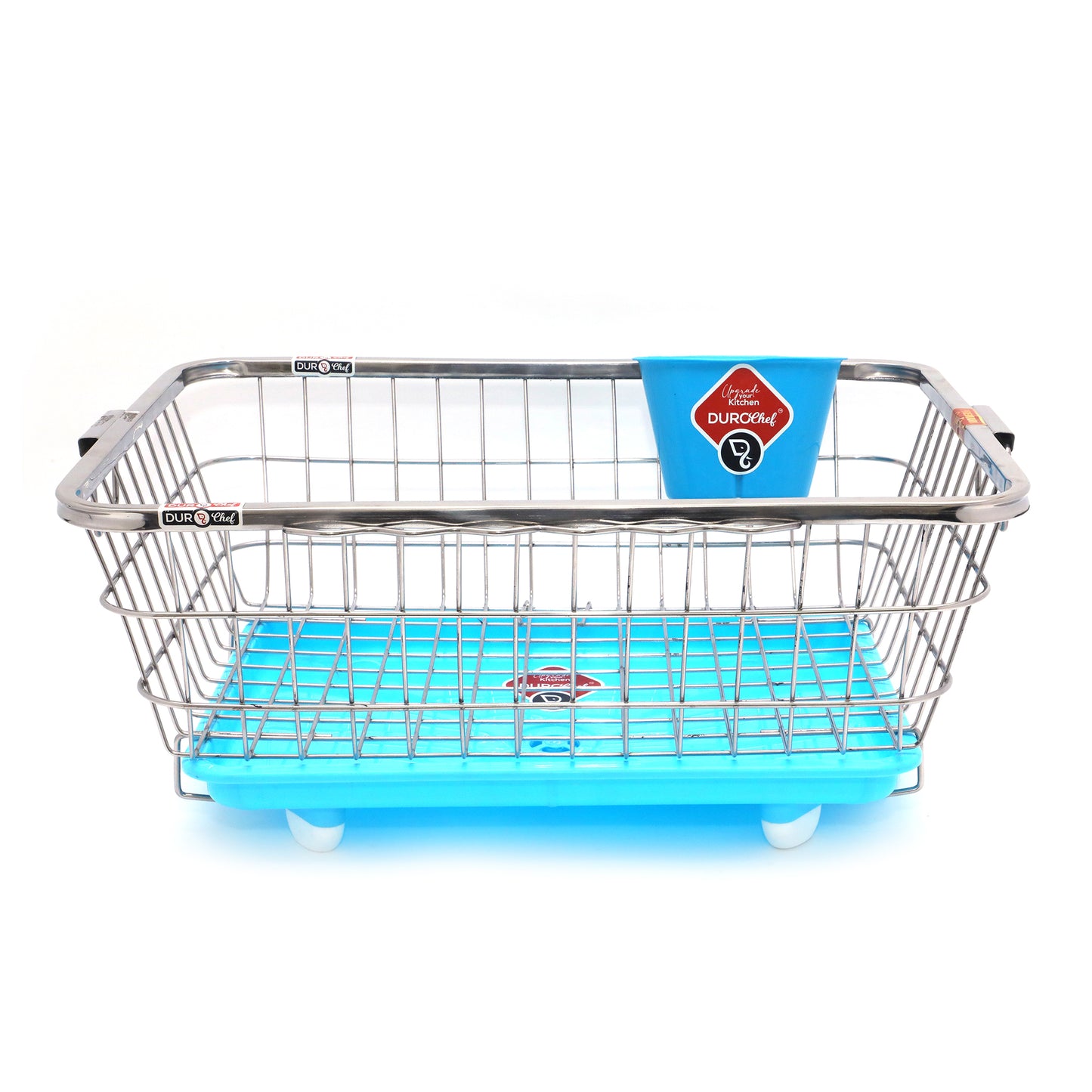Durochef Smart Sink Stainless Steel Dish Drying Rack with Drainboard, Wire Basket Design, Blue Tray, Kitchen Counter Organiser