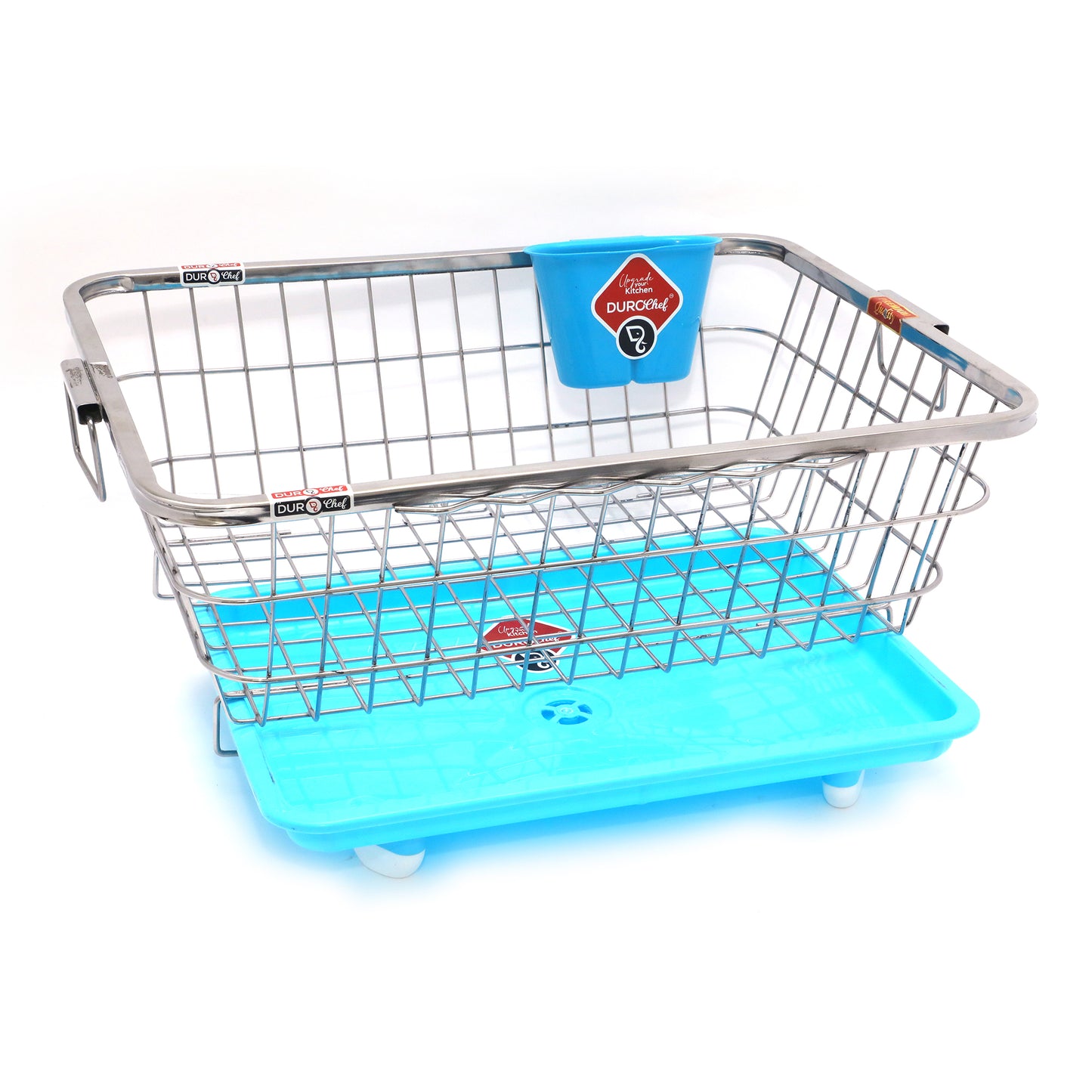 Durochef Smart Sink Stainless Steel Dish Drying Rack with Drainboard, Wire Basket Design, Blue Tray, Kitchen Counter Organiser