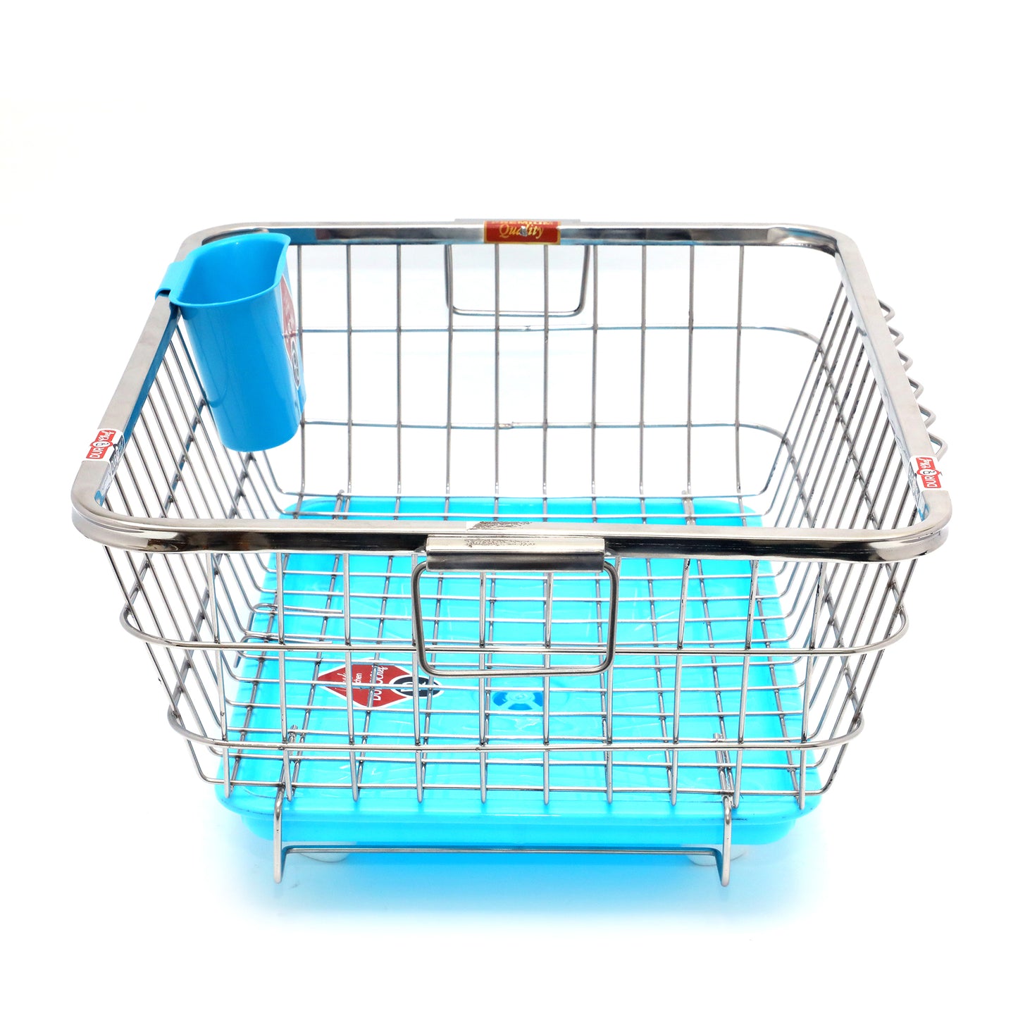 Durochef Smart Sink Stainless Steel Dish Drying Rack with Drainboard, Wire Basket Design, Blue Tray, Kitchen Counter Organiser