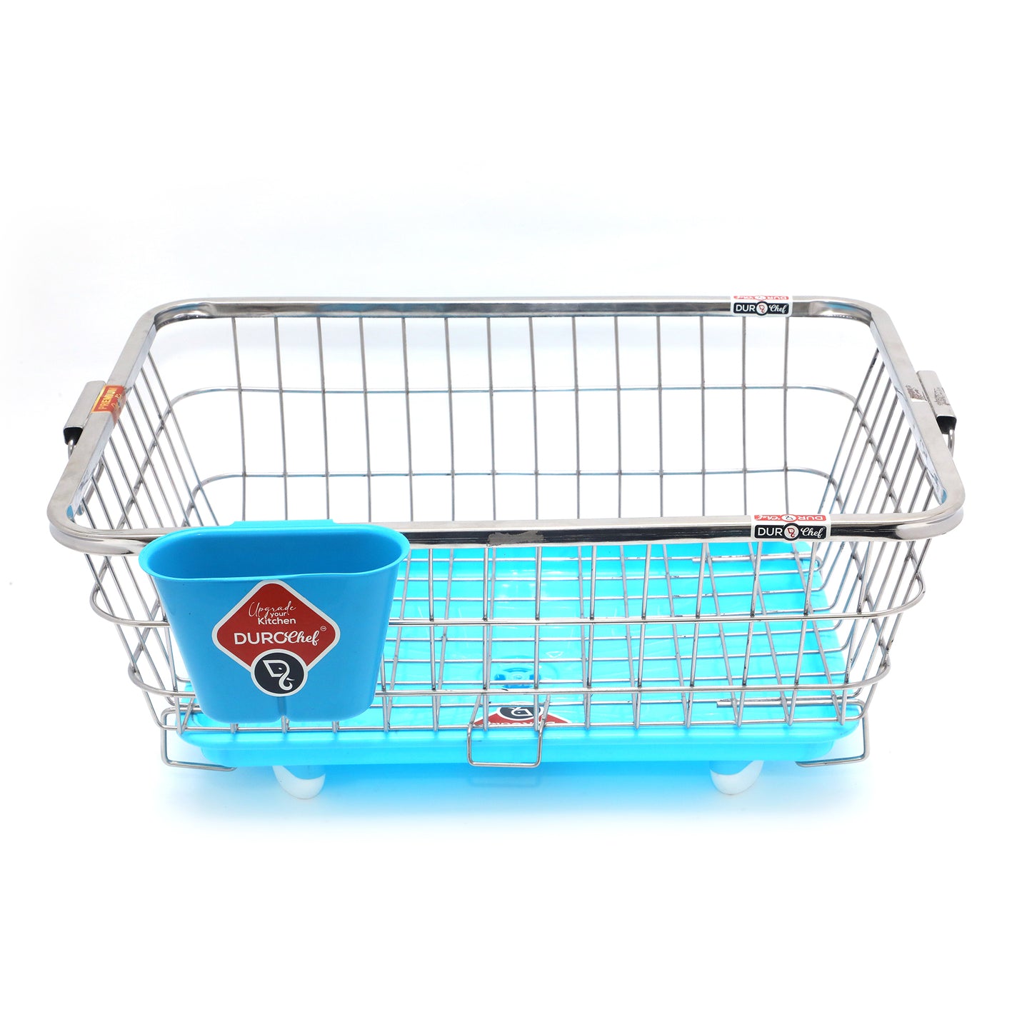 Durochef Smart Sink Stainless Steel Dish Drying Rack with Drainboard, Wire Basket Design, Blue Tray, Kitchen Counter Organiser