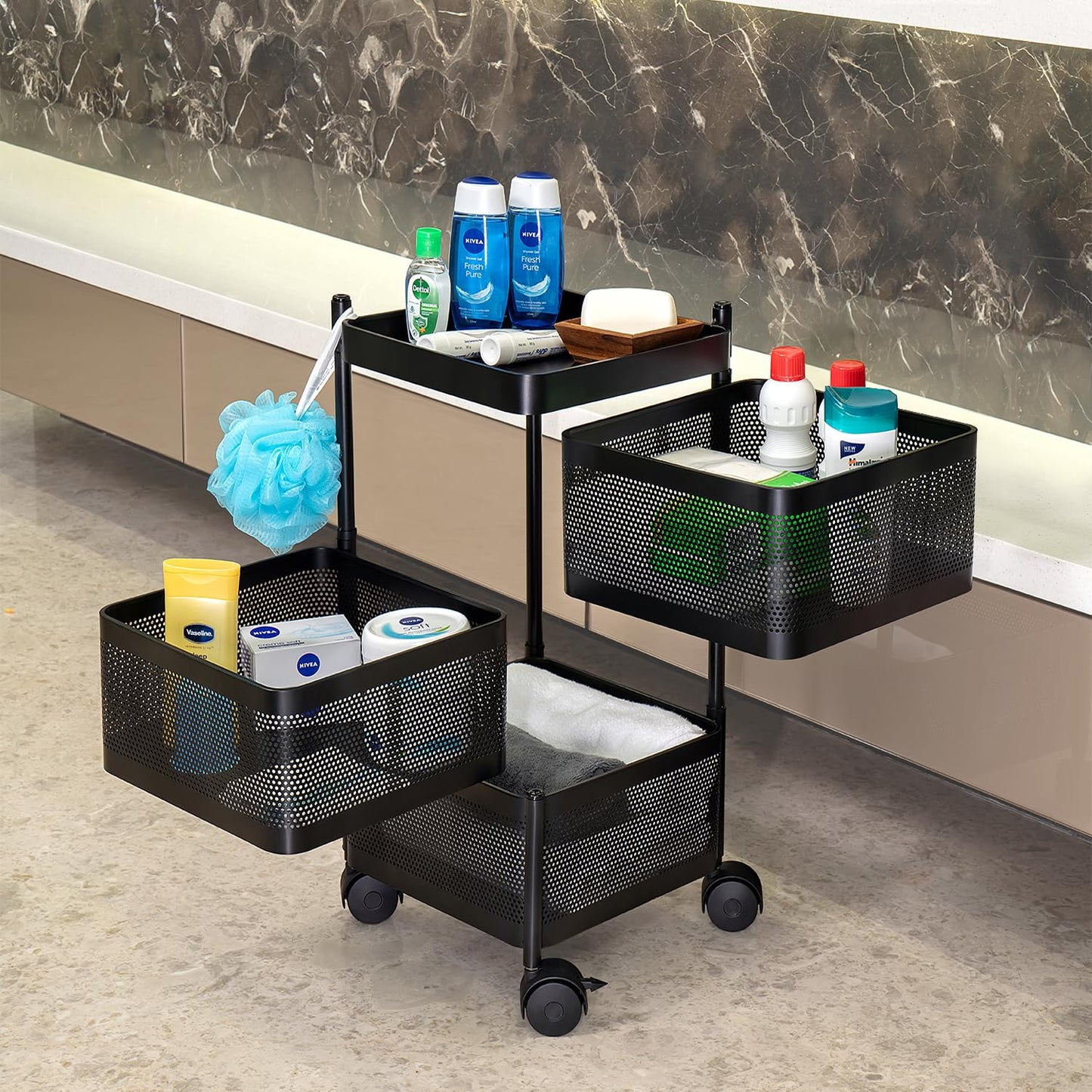 Kitchenwell Multi-Purpose Trolley Storage Organizer and Kitchen Accessories Items for Kitchen Storage Rack Square Design Fruits & Vegetable Onion Cutlery (Matt Black)