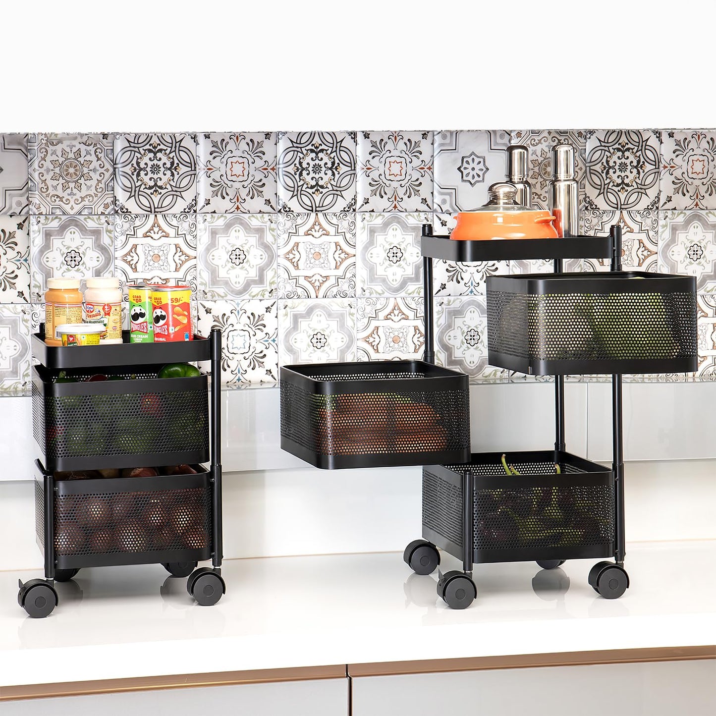 Kitchenwell Multi-Purpose Trolley Storage Organizer and Kitchen Accessories Items for Kitchen Storage Rack Square Design Fruits & Vegetable Onion Cutlery (Matt Black)