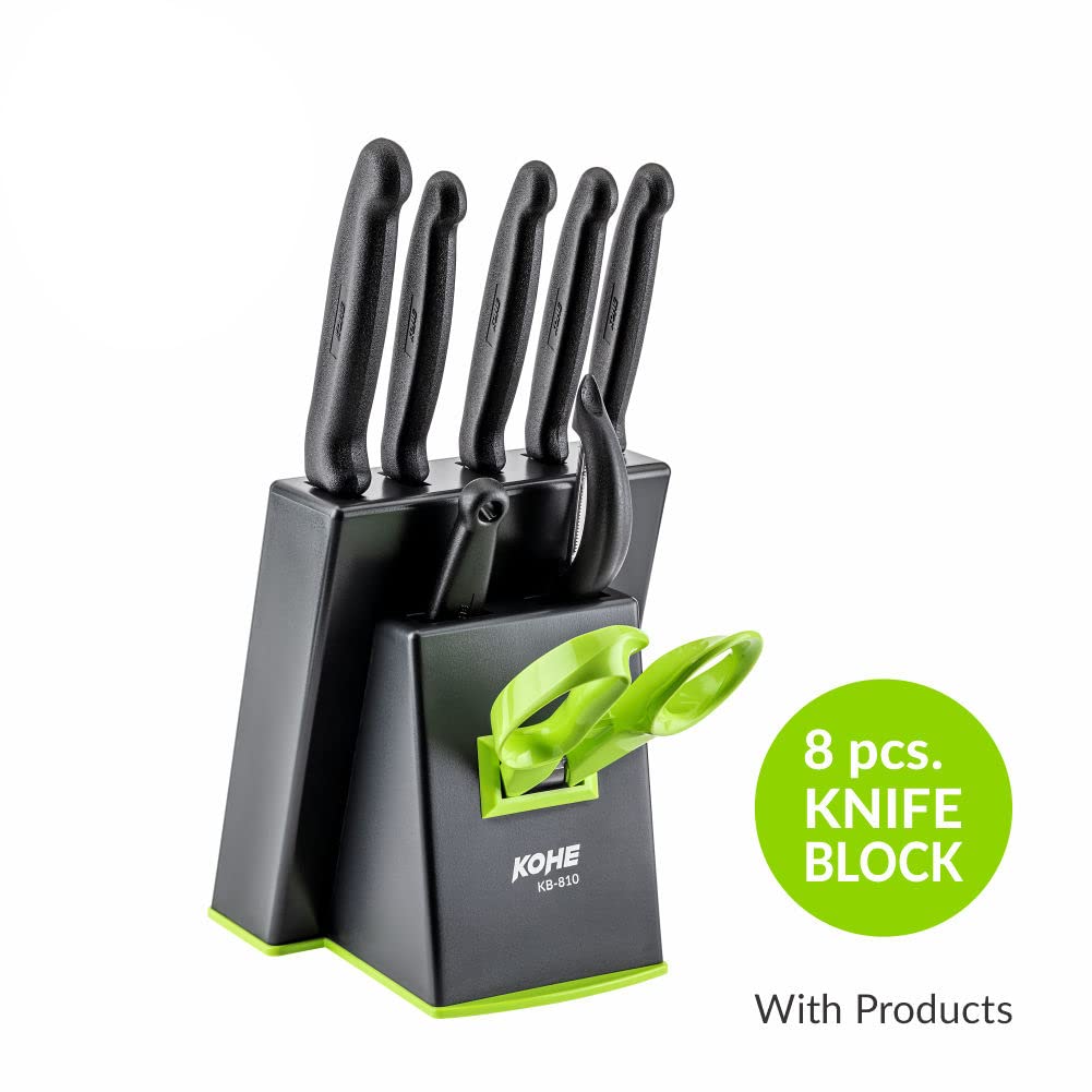 KOHE 8 PCS Stainless Steel Kitchen Knife Set with Block, Knife Holder for Kitchen, 5 Knives, 2 Peelers and 1 Scissors(KB-811/B)