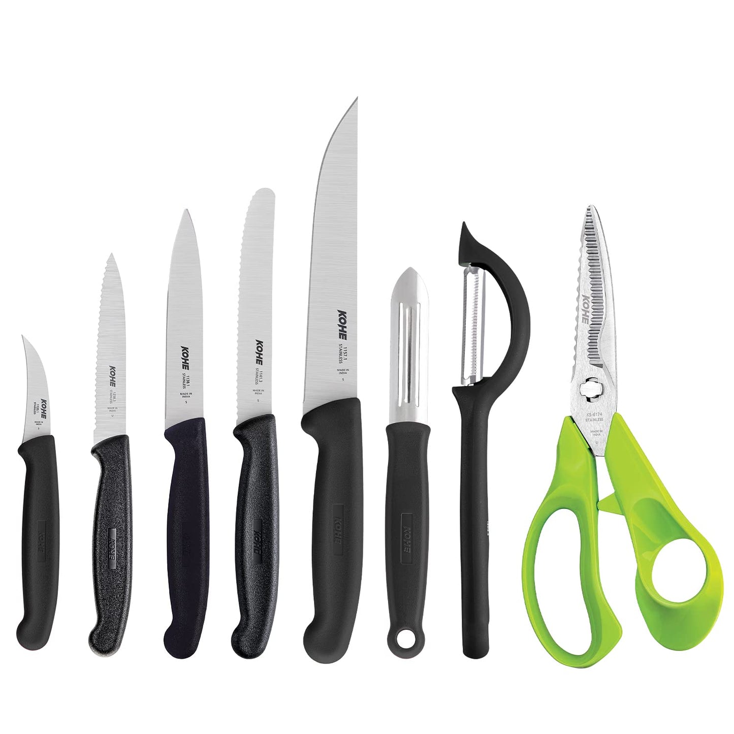 KOHE 8 PCS Stainless Steel Kitchen Knife Set with Block, Knife Holder for Kitchen, 5 Knives, 2 Peelers and 1 Scissors(KB-811/B)