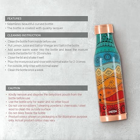 MILTON Copper Charge Design Water Bottle, 930 ml, Royal | Lacquer Coating, Curved bottle | Diwali | Festive | Gifting | Yoga | Home | Kitchen | Vedic