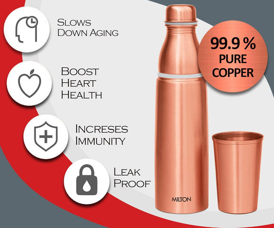 MILTON Copper Combo 1000 Water Bottle with in built glass cap, 890 ml, 1 Piece, Copper | Leak Proof | Office Bottle | Gym Bottle | Home | Kitchen | Hiking | Treking Bottle | Travel Bottle