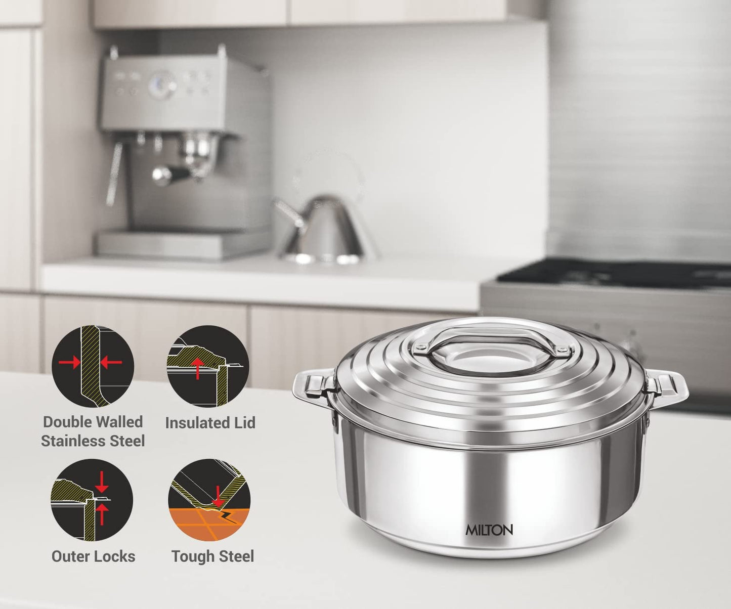 MILTON Galaxia Double Walled Stainless Steel Casserole,, Silver | PU Insulated | Hot & Cold | Hygiene | Odourless