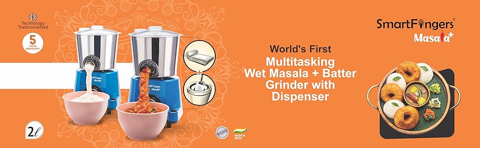 SmartFingers Masala + Table Top Masala Wet Grinder 230V 50hz, 2 Liter, Blue