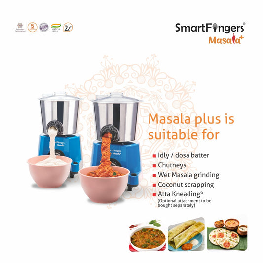 SmartFingers Masala + Table Top Masala Wet Grinder 230V 50hz, 2 Liter, Blue
