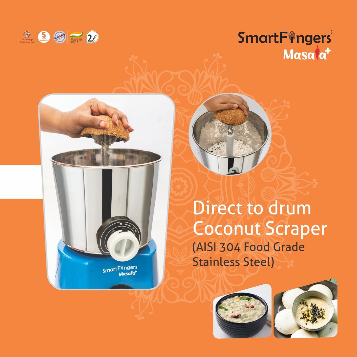 SmartFingers Masala + Table Top Masala Wet Grinder 230V 50hz, 2 Liter, Blue