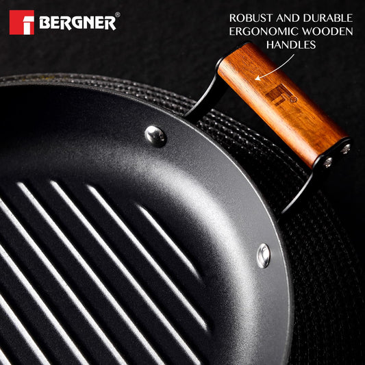 BERGNER Odin 28cm Cast Iron Round Grilled Pan with Glass Lid, Wooden Coated Handle, for Barbeque/Tikka/Kebab/Skewer/Sandwich/Grilled Wrap, Rust Proof Coating - Induction Bottom and Gas Stove Ready