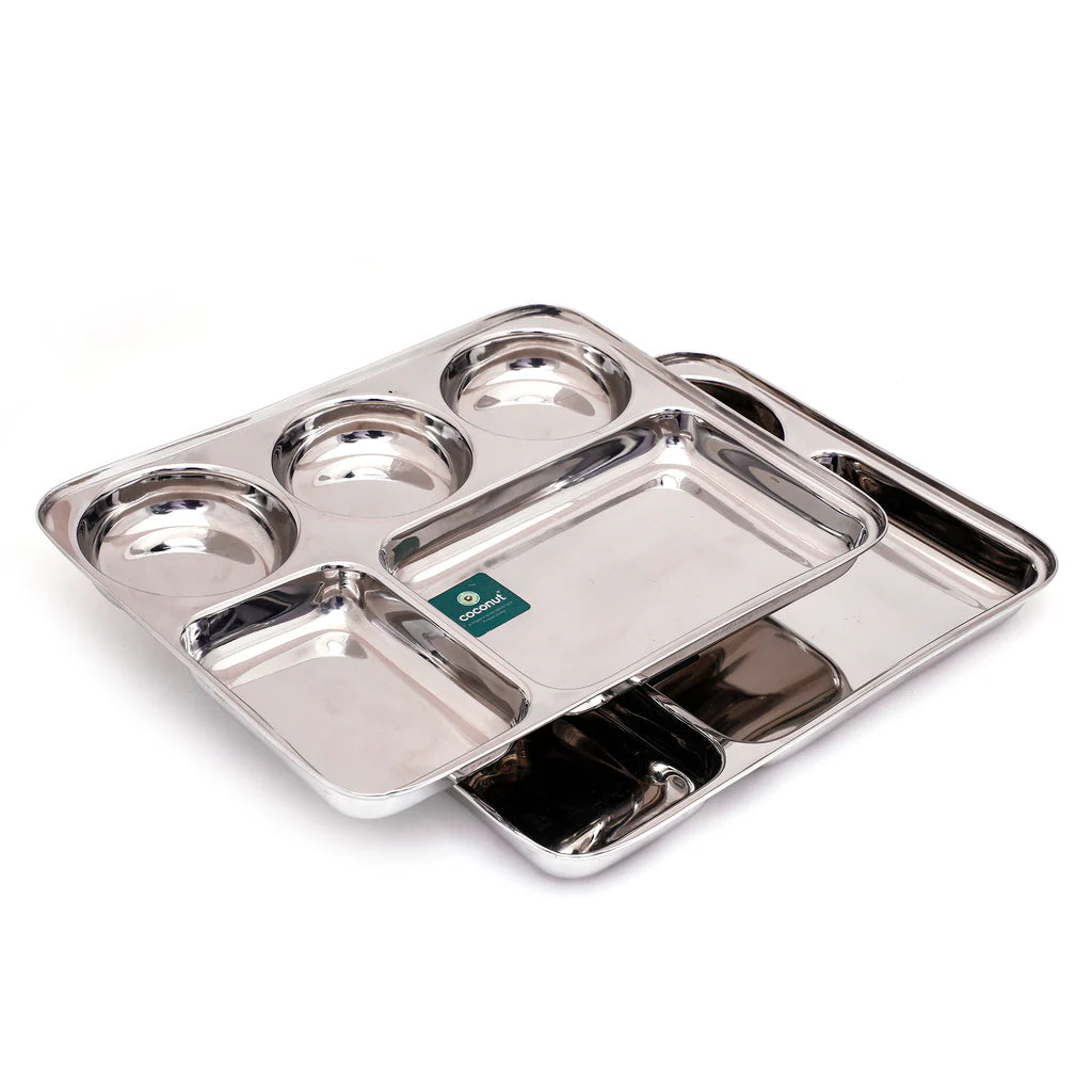 Coconut Stainless Steel Rectangle/Square Deep Dinner Plate(Heavy Guage) with 4 Sections -Model- P15 Mini Meals Plate