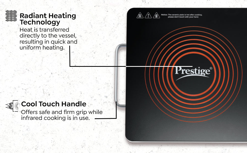 Prestige Infrared Cooktop PIRC 1.0 | 2200W, Stainless Steel & Ceramic | Adjustable Temperature Control | Cool Touch Handle | 1-Year Warranty | Black