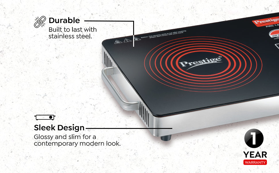 Prestige Infrared Cooktop PIRC 1.0 | 2200W, Stainless Steel & Ceramic | Adjustable Temperature Control | Cool Touch Handle | 1-Year Warranty | Black