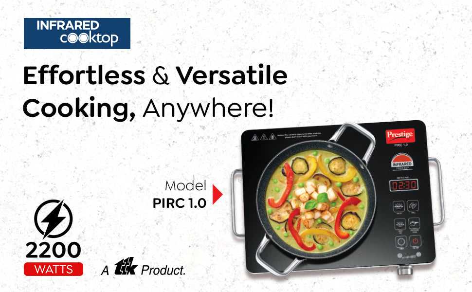 Prestige Infrared Cooktop PIRC 1.0 | 2200W, Stainless Steel & Ceramic | Adjustable Temperature Control | Cool Touch Handle | 1-Year Warranty | Black
