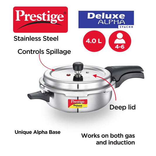 Prestige Svachh Deluxe Alpha Pressure Pan stainless steel|Outer lid|Deep lid for spillage control|Gas & induction compatible|Silver|10 years warranty