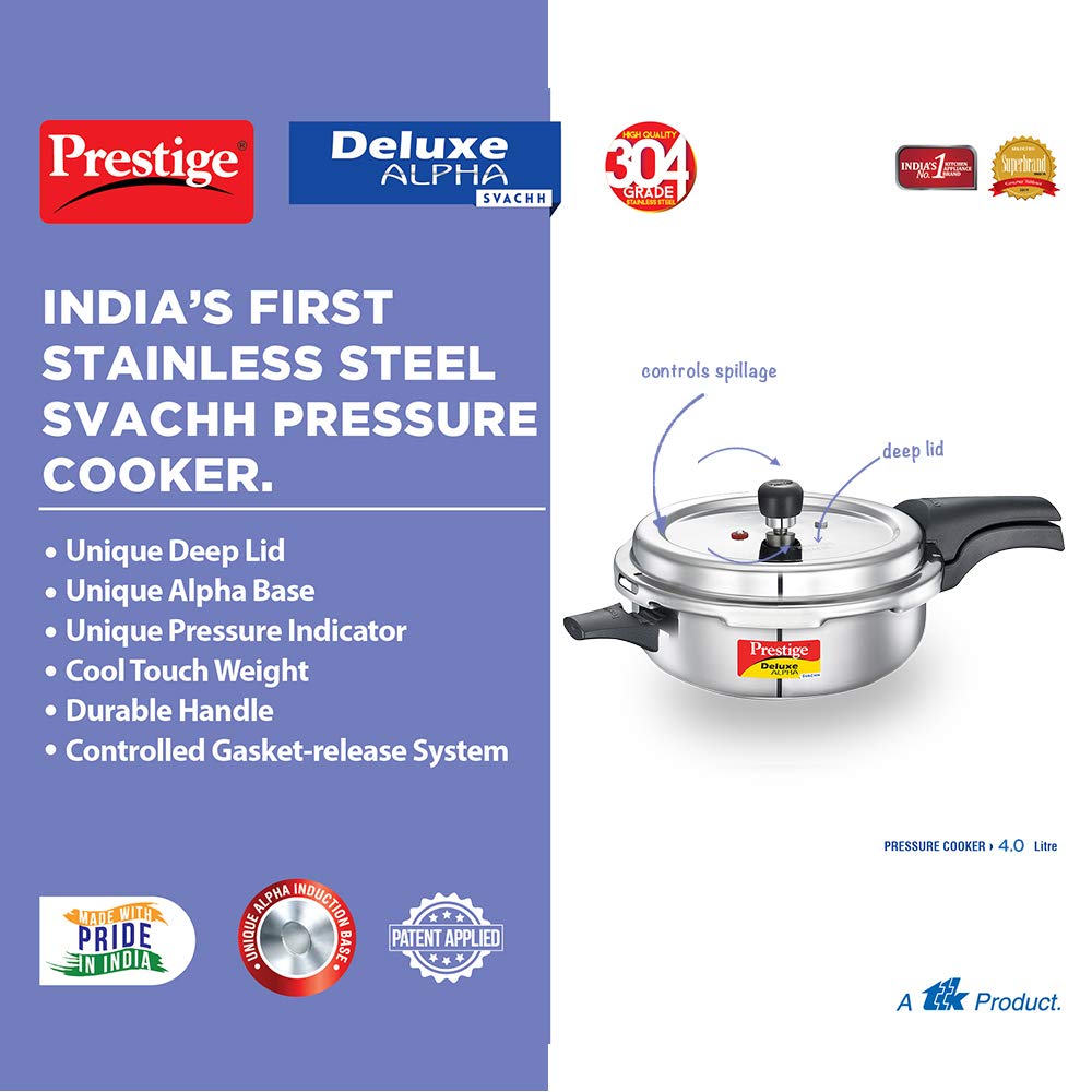 Prestige  Svachh Deluxe Alpha Pressure Pan stainless steel|Outer lid|Deep lid for spillage control|Gas & induction compatible|Silver|10 years warranty