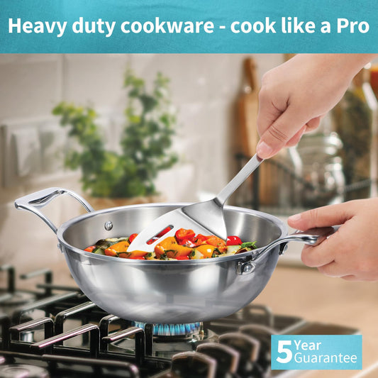 Hawkins Pro 6 Litre Deep-Fry Pan, Triply Stainless Steel Kadhai with Stainless Steel Handles and Stainless Steel Lid, Silver (PSK60S)