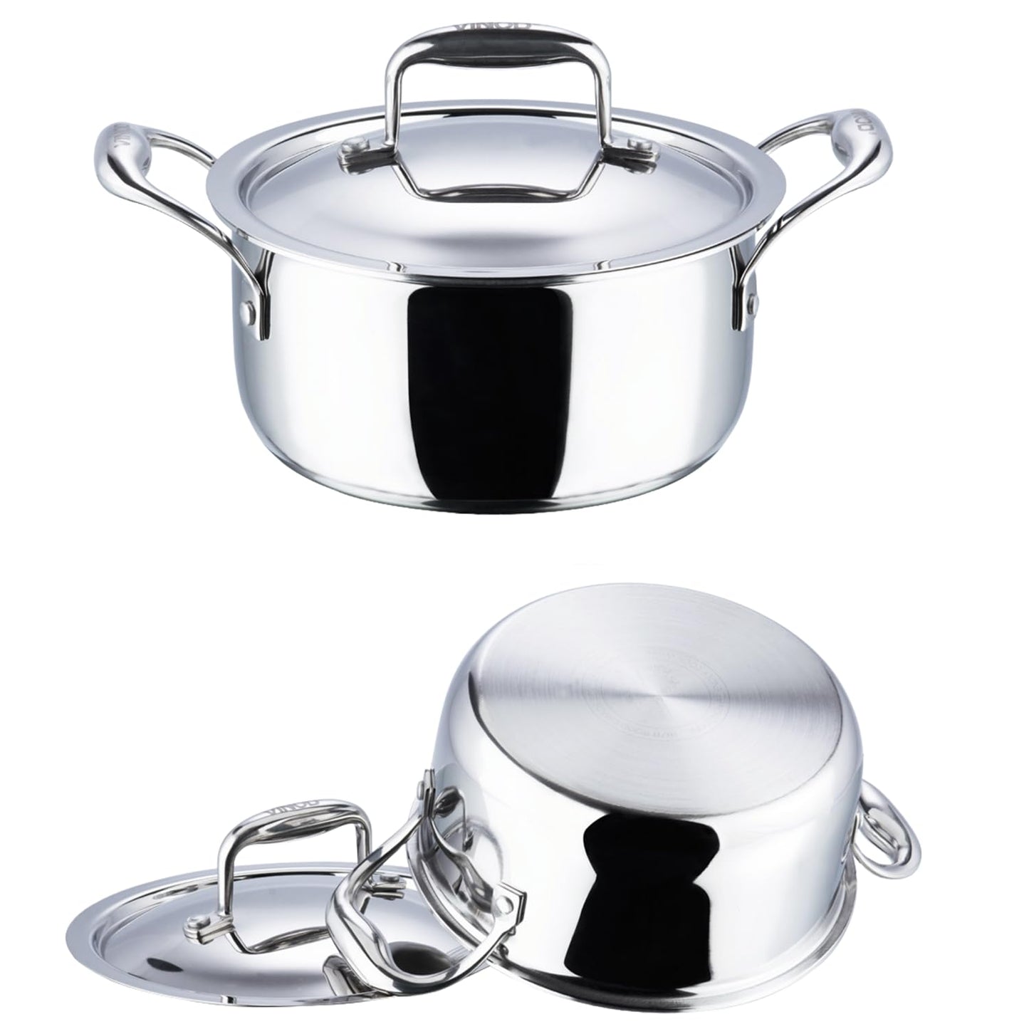 Vinod Platinum Triply Stainless Steel Saucepot with Lid | 2.5mm Thick | SAS Bottom | Biryani Pot | Induction and Gas Base | 5 Year Warranty - Silver