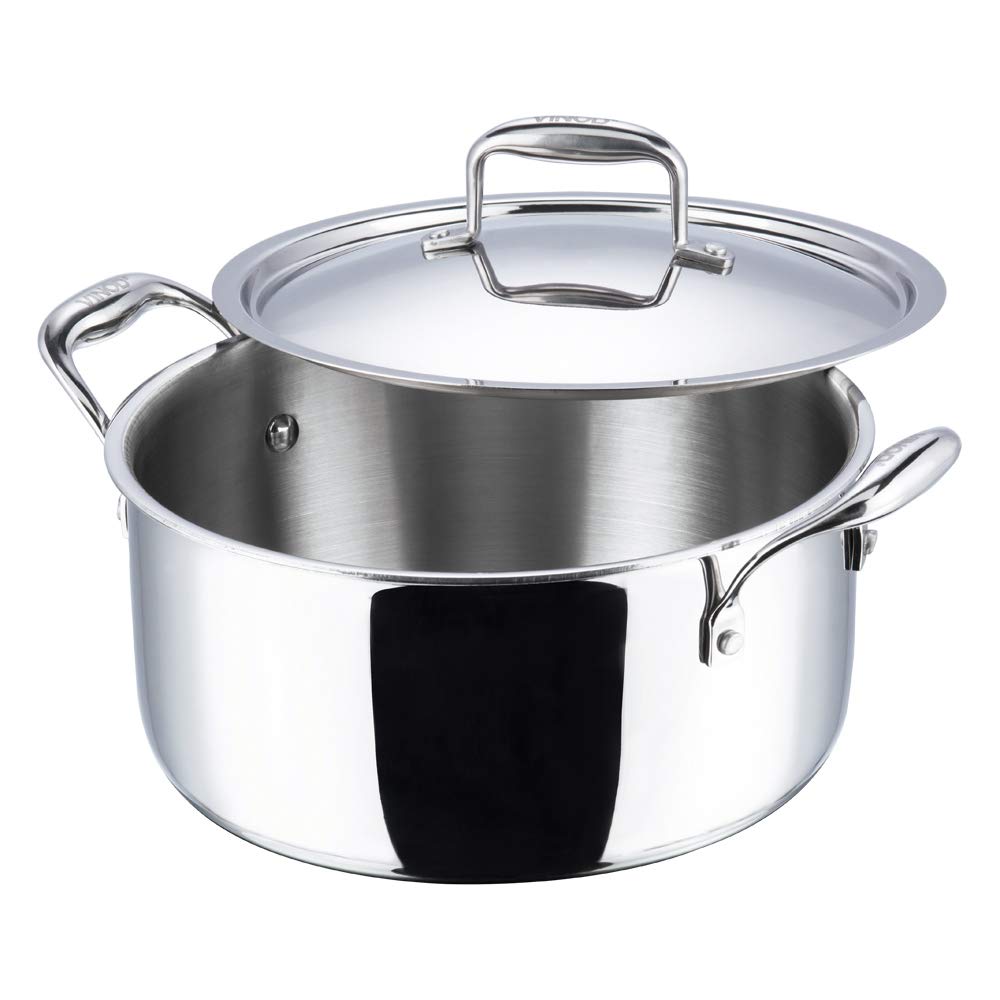 Vinod Platinum Triply Stainless Steel Saucepot with Lid | 2.5mm Thick | SAS Bottom | Biryani Pot | Induction and Gas Base | 5 Year Warranty - Silver