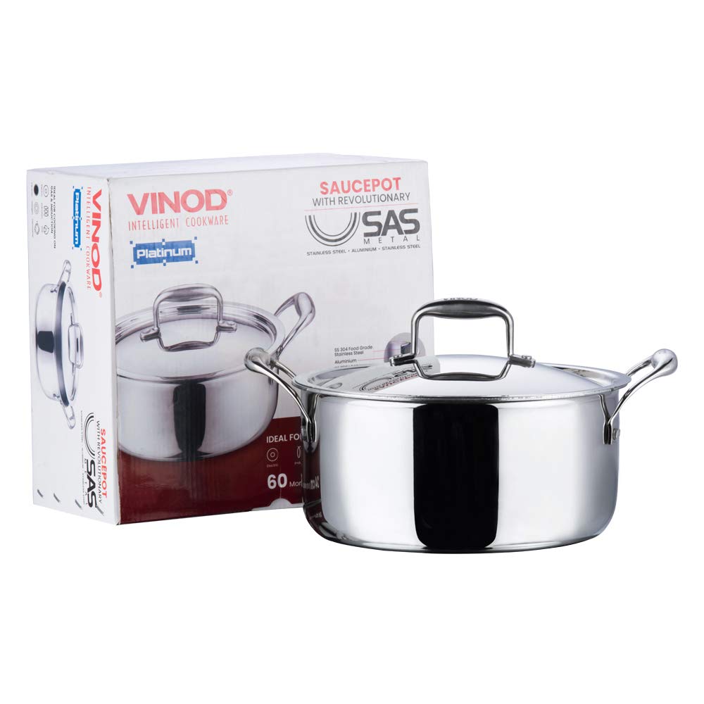 Vinod Platinum Triply Stainless Steel Saucepot with Lid | 2.5mm Thick | SAS Bottom | Biryani Pot | Induction and Gas Base | 5 Year Warranty - Silver