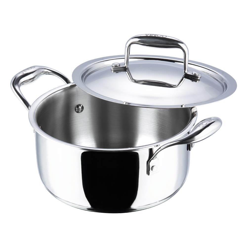 Vinod Platinum Triply Stainless Steel Saucepot with Lid | 2.5mm Thick | SAS Bottom | Biryani Pot | Induction and Gas Base | 5 Year Warranty - Silver