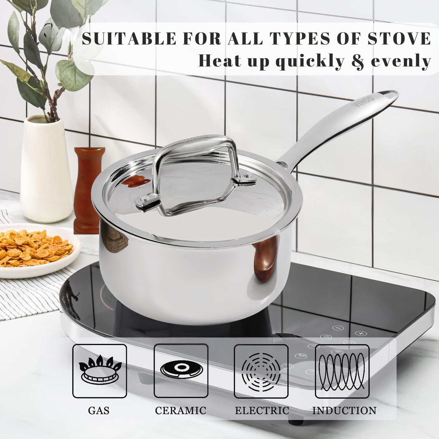 Vinod Platinum Triply Stainless Steel Saucepan with Lid | 2.5 mm Thick | Tea, Chai Pan | 5 Year Warranty | Induction & Gas Friendly, Heavy Bottom - Silver