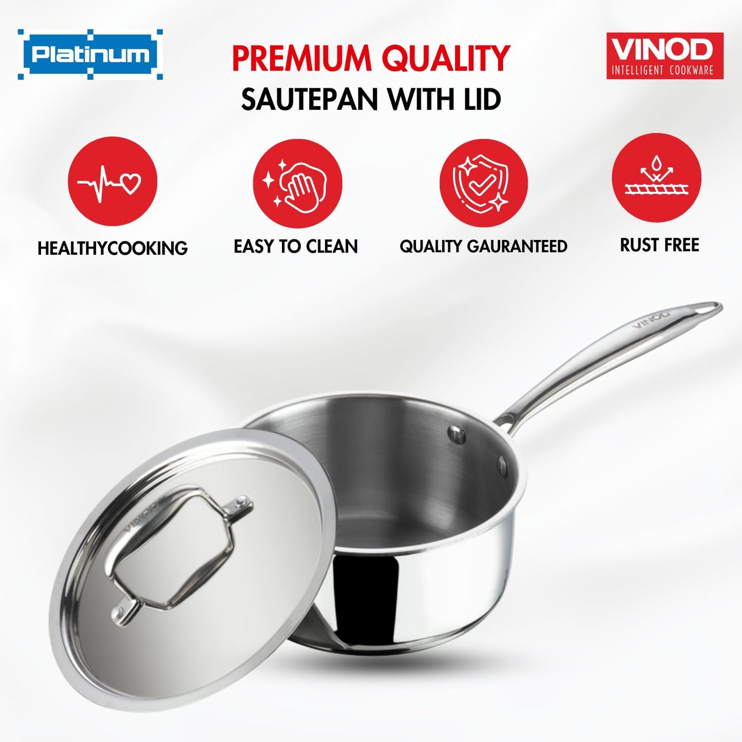Vinod Platinum Triply Stainless Steel Saucepan with Lid | 2.5 mm Thick | Tea, Chai Pan | 5 Year Warranty | Induction & Gas Friendly, Heavy Bottom - Silver